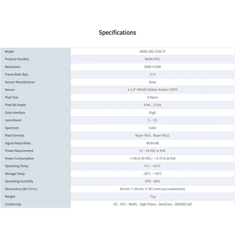 大恒图像 MER2-302-37GM-P 産業用カメラ 1/1.8インチ 3.45μm 37.4fps グローバルシャッター マシンビジョン用