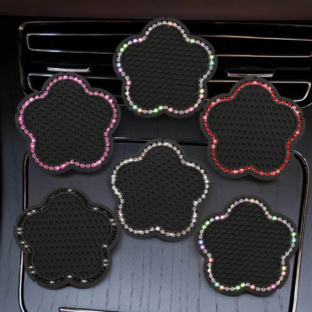 2pcs Universal Car Flower Styling Drink Mat Car Cup Anti-Slip Mat Car Rhinestone Decorative Cup Pad Auto Interior Accessories