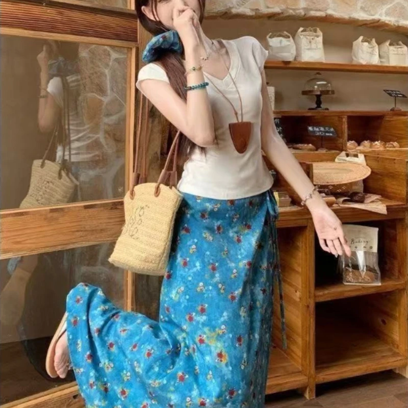 

2026 Summer New Blue Oil Painting Floral High Waist One Piece Large Swing Skirt Long Dress for Women