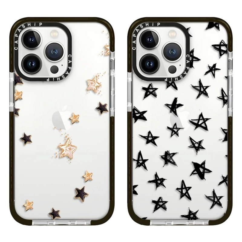 Trend Simple Black Gold Star Case For iPhone 16 15 14 13 12 11 Pro X XS XR Max 7 8 Plus SE 2022 Soft TPU Shockproof Back Cover