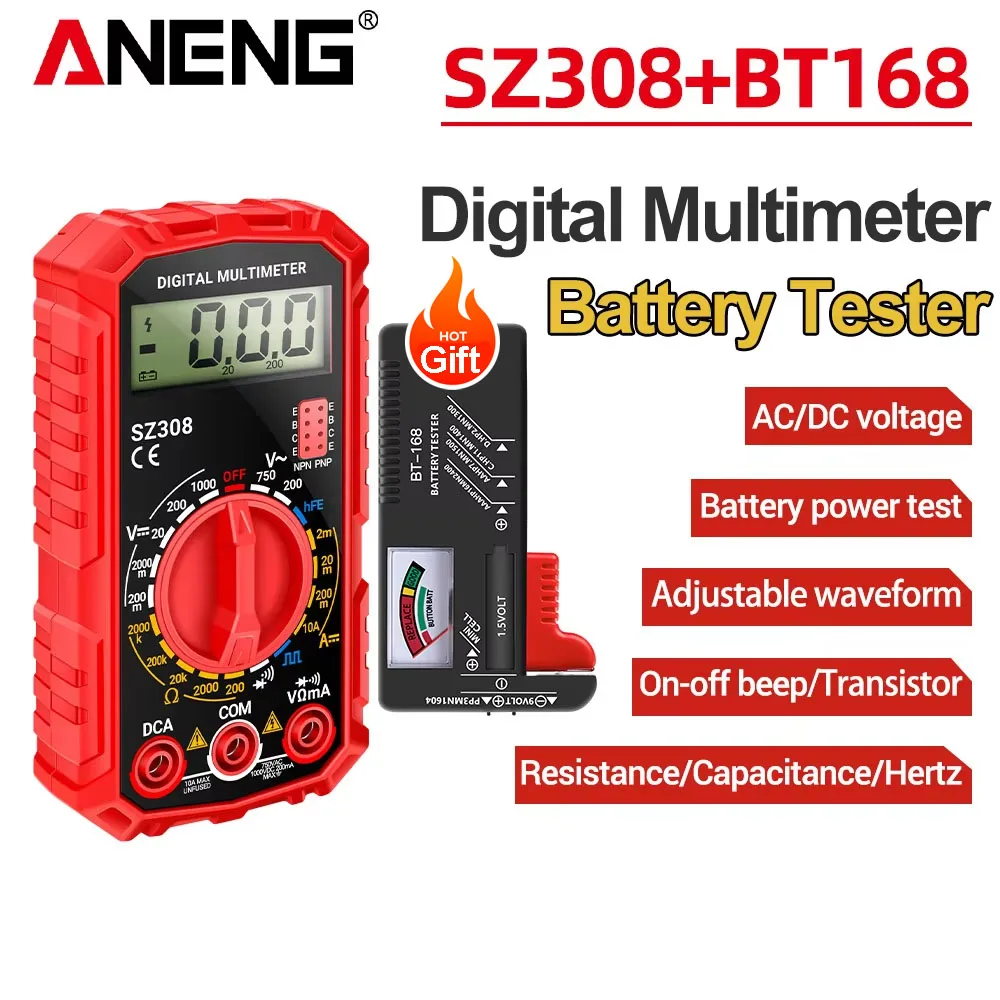 

Цифровой мультиметр ANENG SZ308, 1999 показаний, измерение напряжения AC/DC, тока, сопротивления, тестер hFE, зуммер, тестирование прямоугольной волны, мультиметр