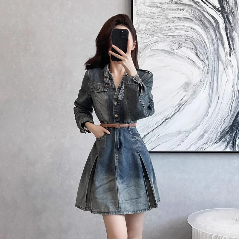 Frauen Hemd kragen Denim Kleider Frühling Herbst 2026 Neue Koreanische Dünne Lange Hülse Weibliche Vintage Blau Cowboy Kleid Vestidos