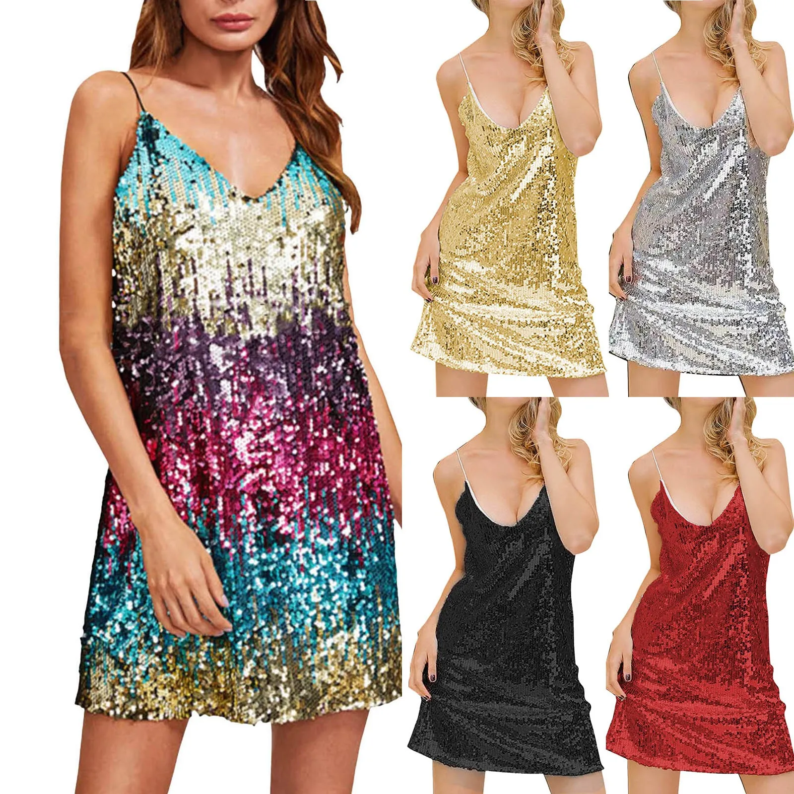 Vestido de lentejuelas plateadas con cuello en V profundo para mujer, vestido Sexy sin espalda, Mini vestido con hombros descubiertos, Vestidos de tirantes para fiesta de Navidad y Club, otoño