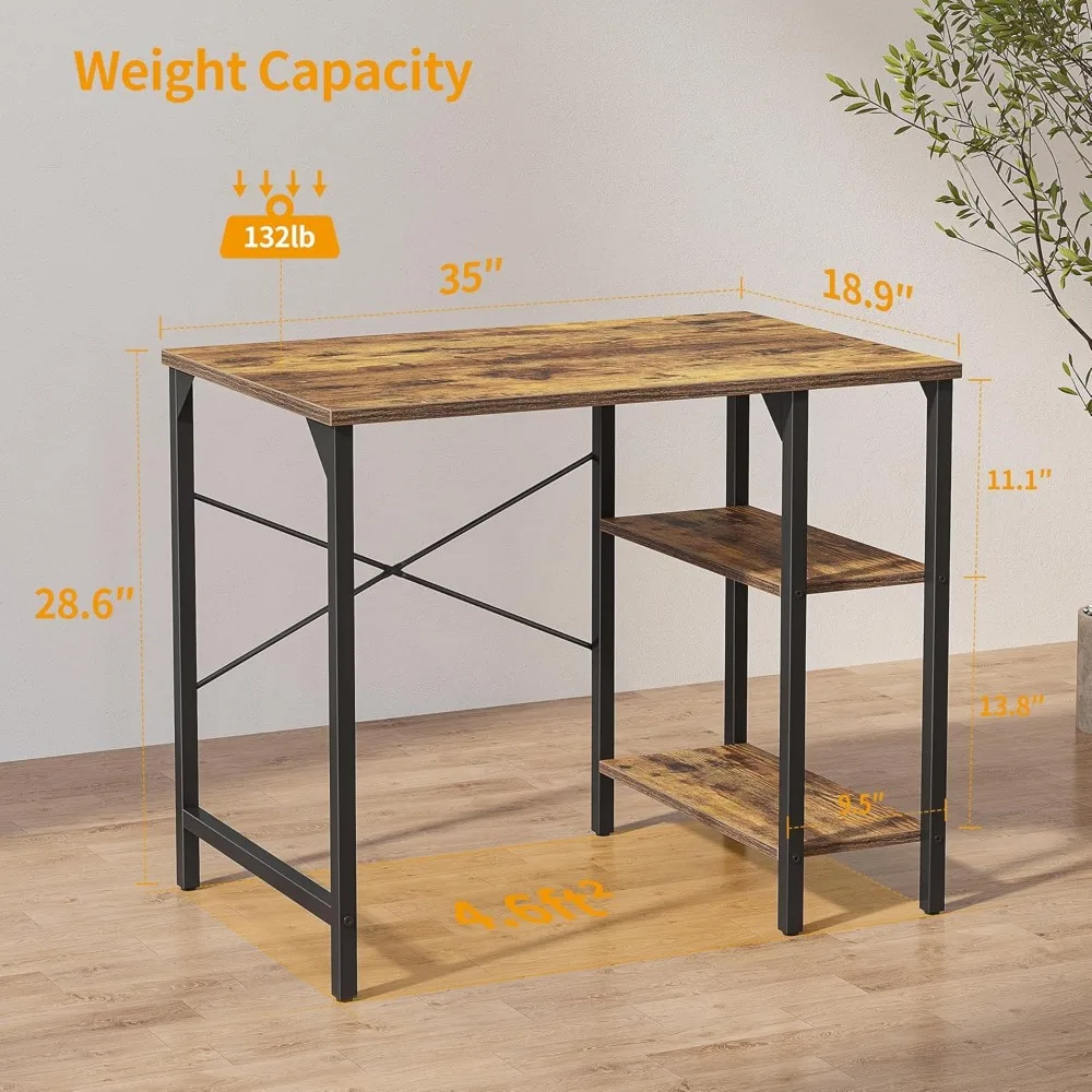 Small Computer Desk, 35 Inch Home Office Desk with 2 Storage Shelves on Left or Right Side, Study Writing Desk with Storage Boa