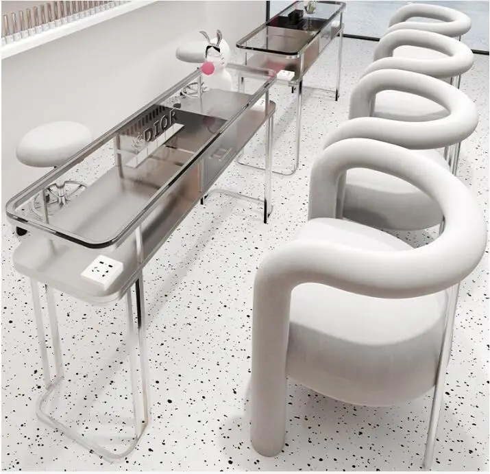 

Silver tie glass Nail table and chair set single double triple rock plate baking paint nail shop table and chair