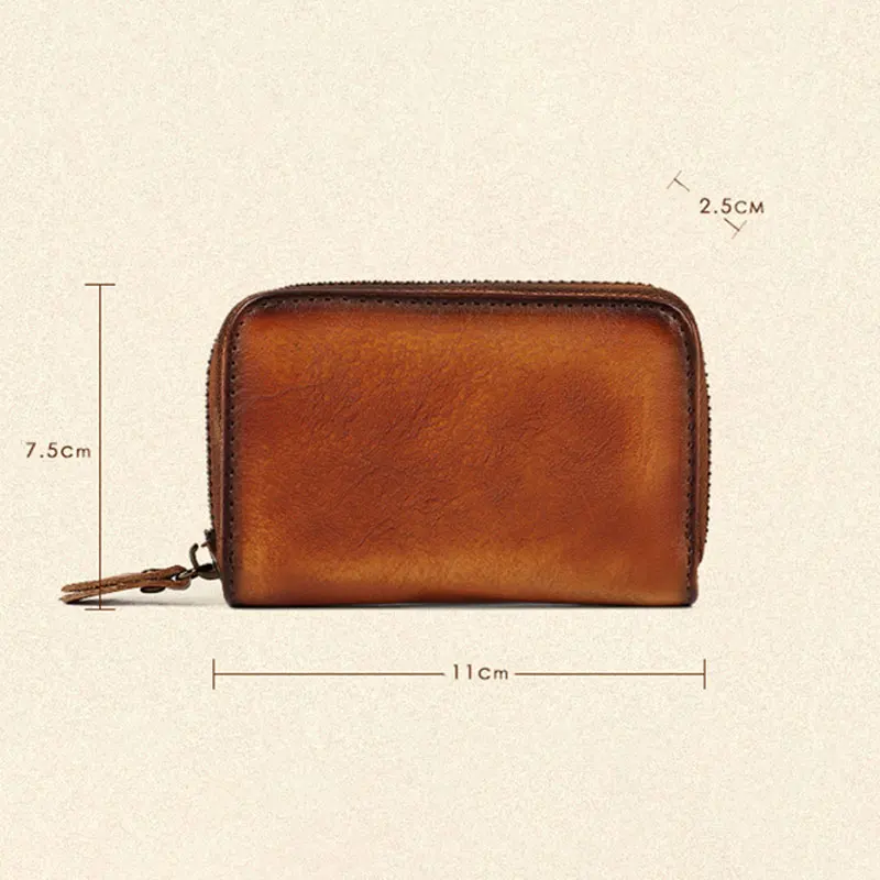 Skórzany mini portfel dla kobiet i mężczyzn z kieszonką na monety, 9 przegródek, wielofunkcyjny portfel na zamek błyskawiczny, kompaktowy organizer na karty i pieniądze.