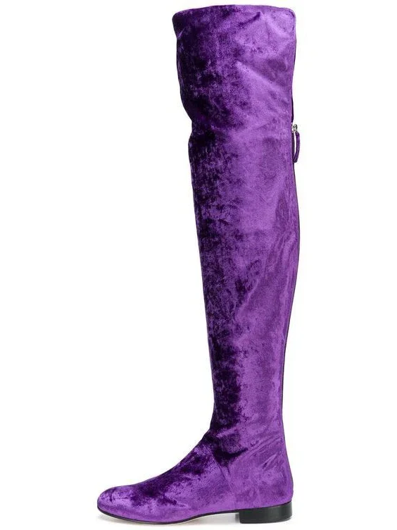 Fashion Woman Purple Rose Blue Velvet Thigh High Boots Solid Color Flat Knight Boots Woman Round Toe Zip Over The Knee Boots