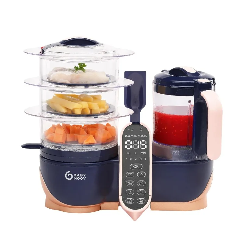 Babymoov Duo Meal Station XL، محضر طعام 6 في 1 مع جهاز بخار، خلاط متعدد السرعات، أكثر دفئًا، مزيل الصقيع ومعقم، وردي