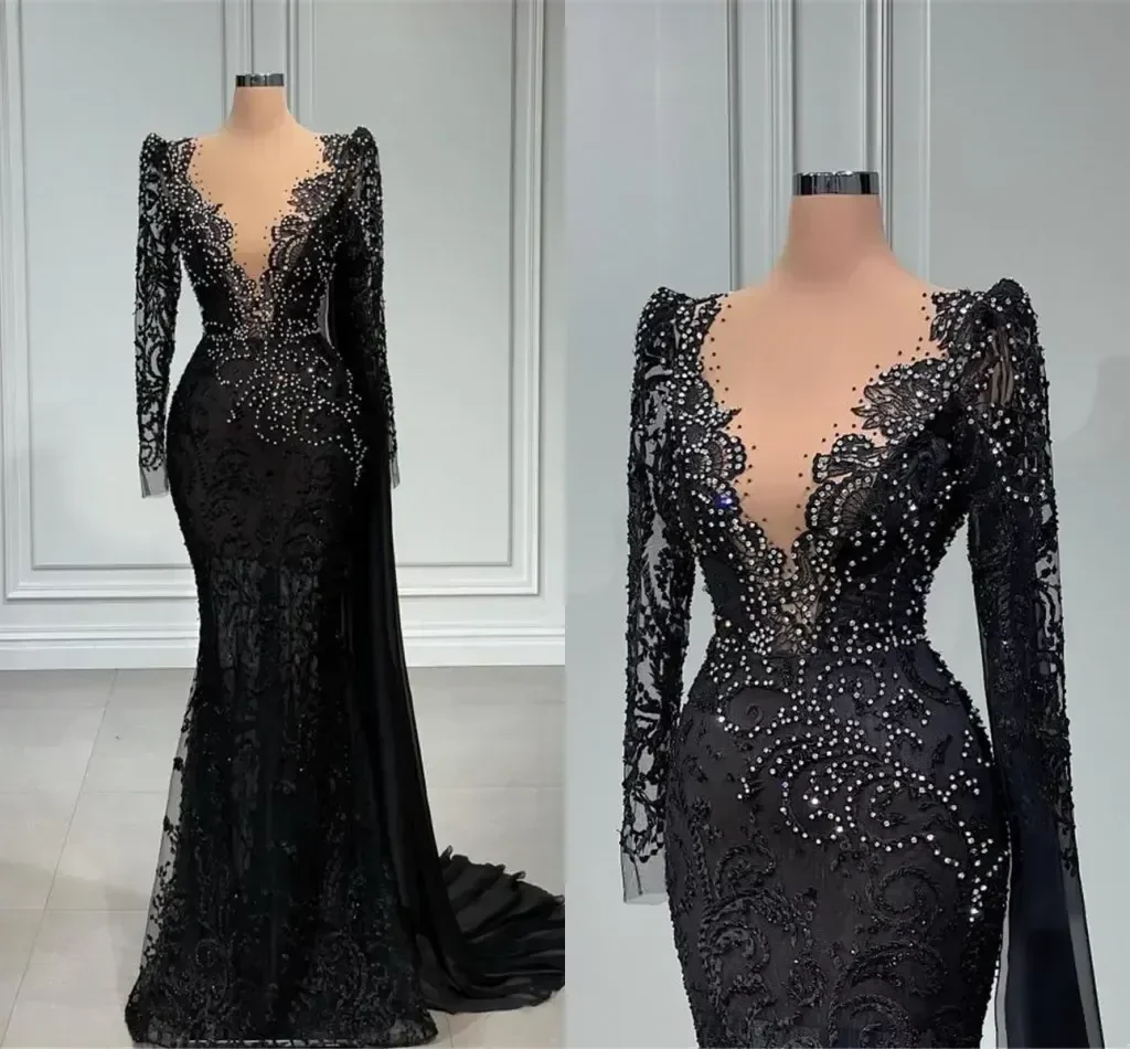 

Vintage Black Lace Mermaid Evening Dresses with White Beads Sheer Deep V Neck Long Sleeve Appliques Ocn Party Gowns Prom Vestido