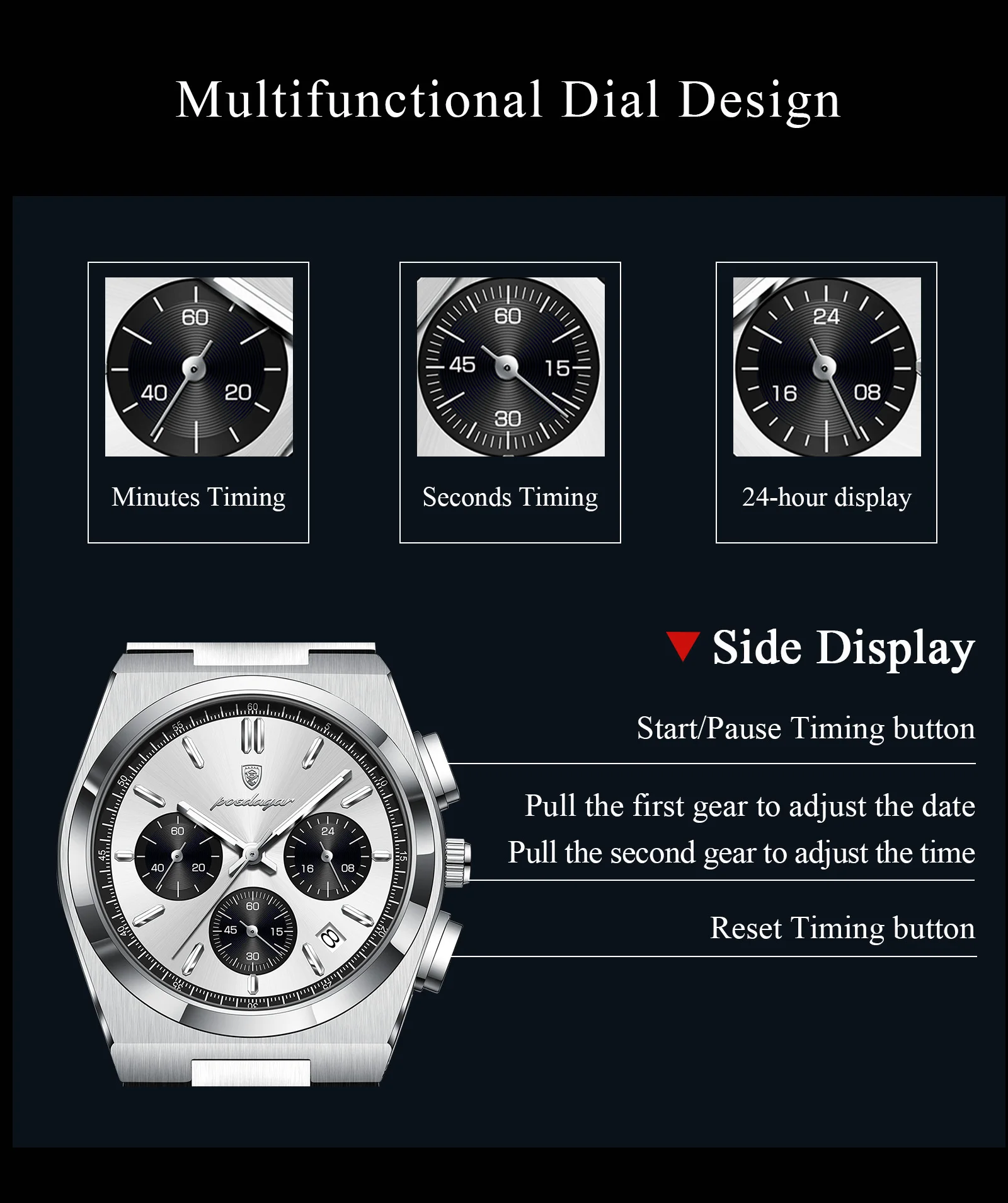 POEDAGAR Top Business Herrenuhr Chronograph Datum Edelstahl Klassische Männeruhr Wasserdicht Leuchtend Quarzuhren für Herren – Detail 9