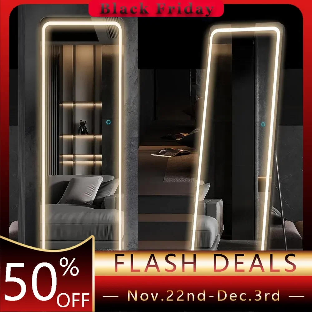 Full Length Mirror with LED Lights, Full Body Mirrors, Free Standing Floor Mirror, Wall Mounted Lighted Mirrors