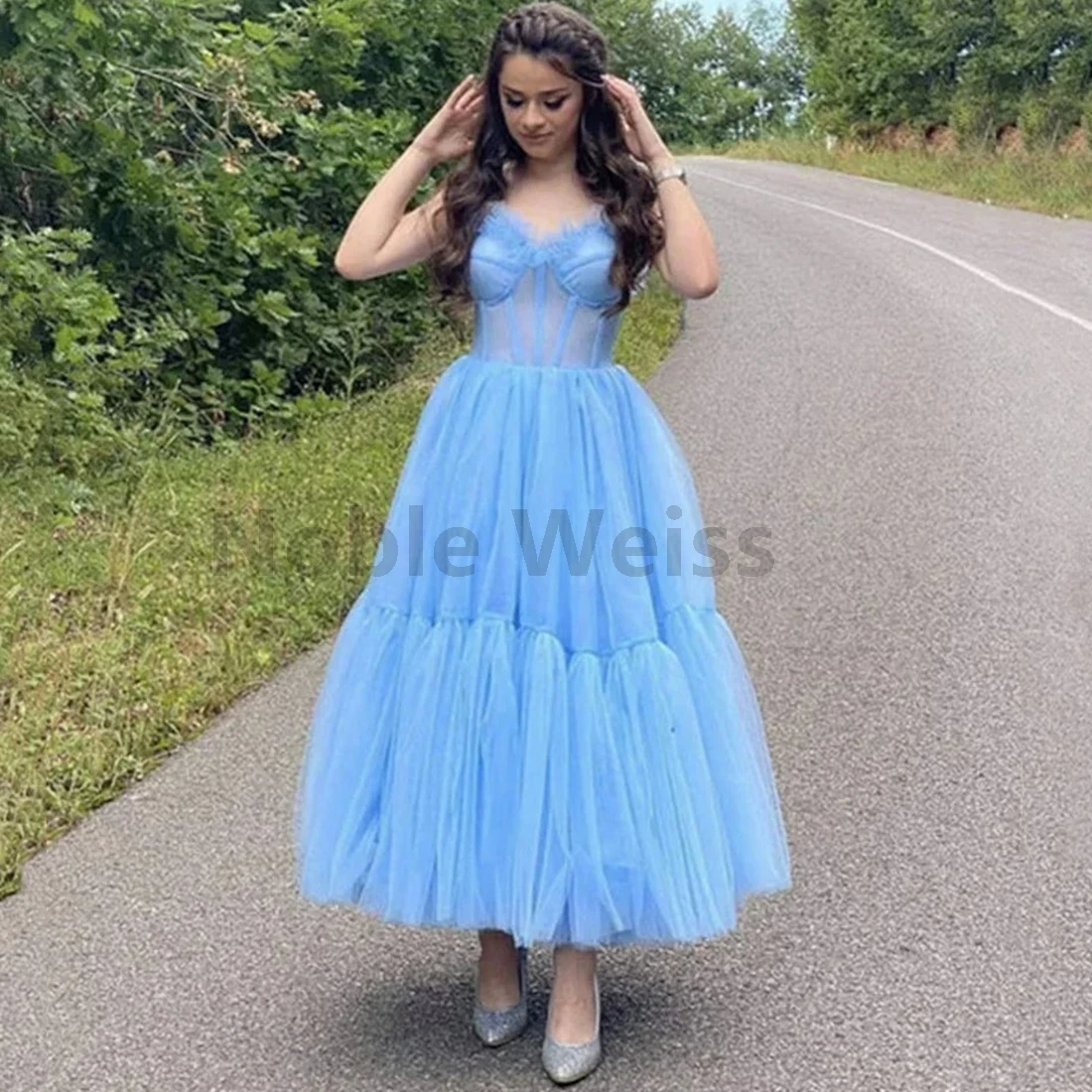 Gaun Prom A-LINE SWEETHEART Tulle Wiru untuk Pesta Wanita Malam Pernikahan Sesuaikan