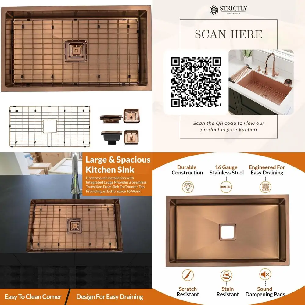 

32 Inch Copper Undermount Single Bowl Kitchen Sink with Designer Stainless Steel Shelf Accessory