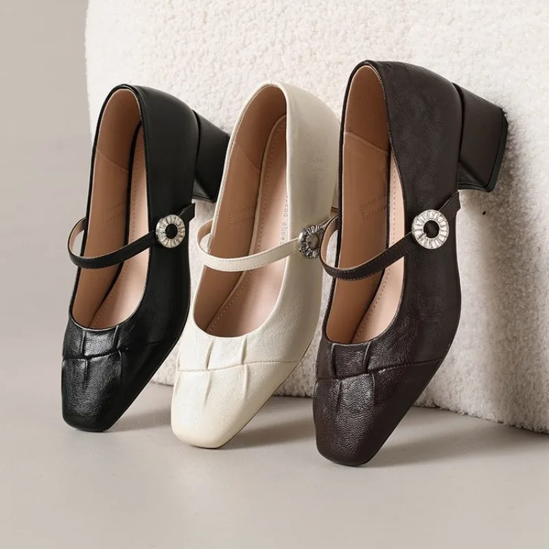 

Black Mary Jane Women Pumps Thick High Heels Shoes Female Lolita Square Toe Shoes Spring Fashion Party Leather Woman Shoes New