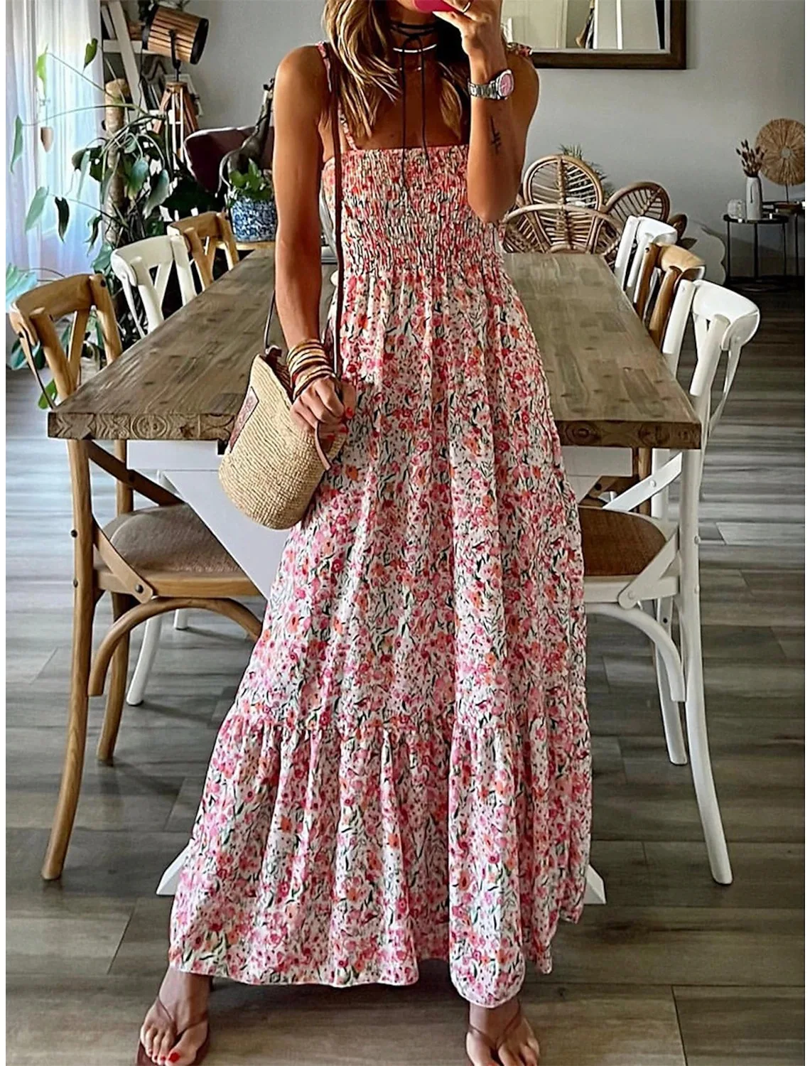 Summer Fashion Sling Maxi Dress allentato elegante Ruffle a-line Dress Casual Floral Printed Women Backless Beach Dresses Midi Dress