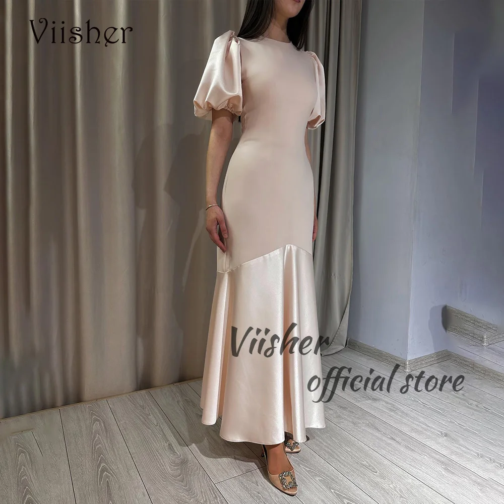 

Viisher Khaki Satin Mermaid Evening Dresses Short Sleeve O Neck Dubai Arabic Prom Party Dress Ankle Length Formal Dress