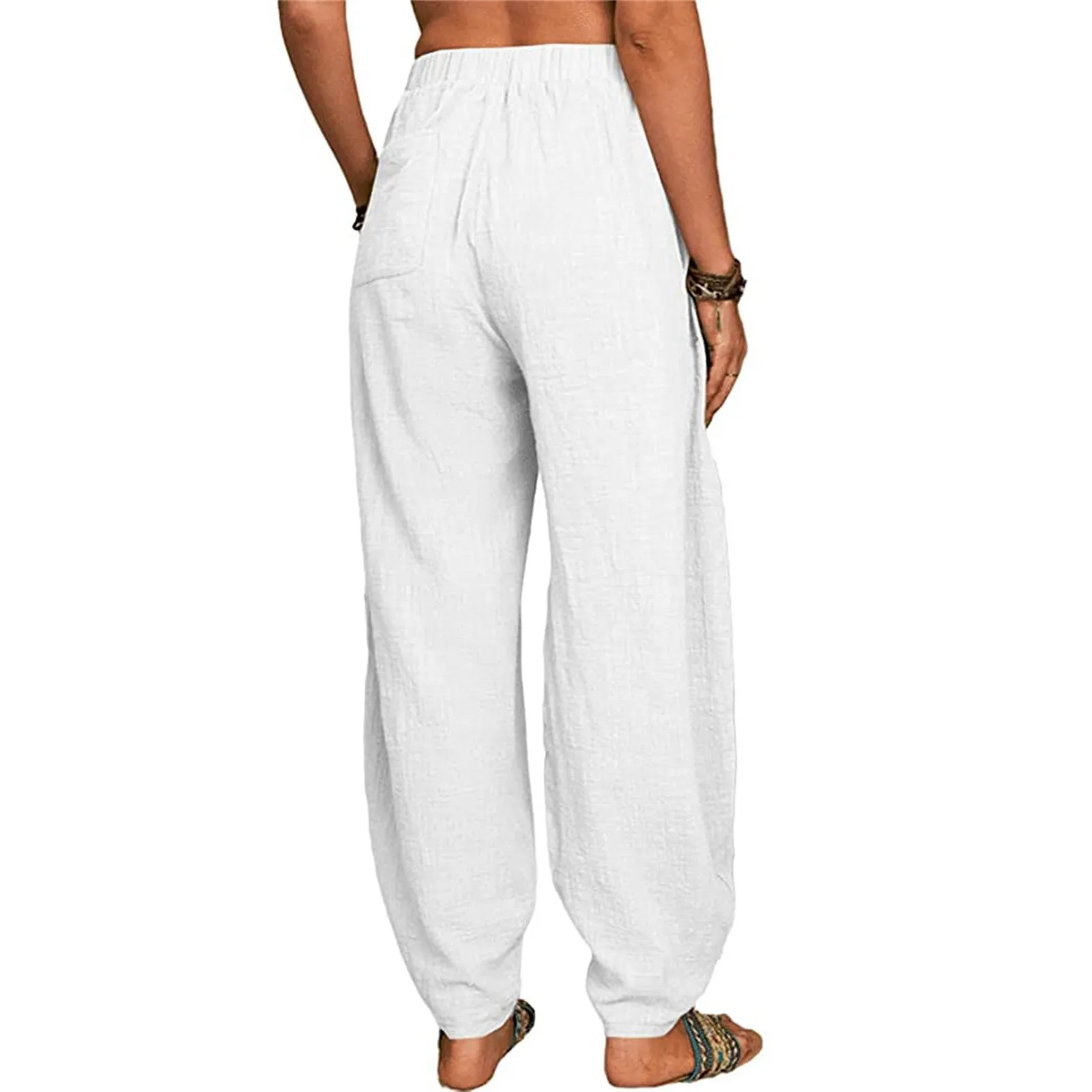 Damskie spodnie w jednolitym kolorze Harlan Long Pants Cotton Hemp Loose Leg Pants Elastic Belt Pocket Home Pants Simple All-In-One Casual Pants