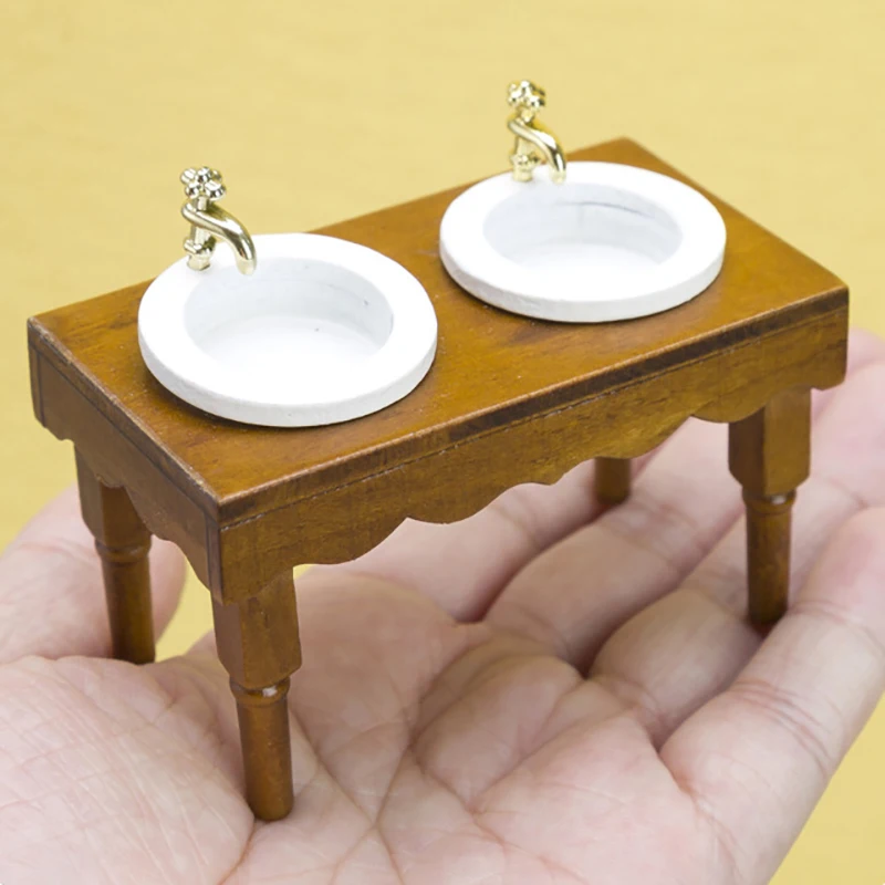 1PC Dollhouse Miniature Double Basin Sink Model Furniture Accessories For Doll House Decor Kids Pretend Play Toys