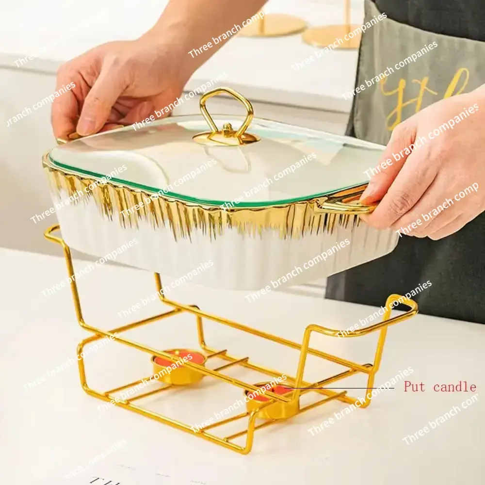 

Керамический подогреватель для буфета, суповый горшок, позолоченная посуда, прямоугольная фарфоровая свеча, подогрев пищевых продуктов, изоляционная форма для выпечки с крышкой