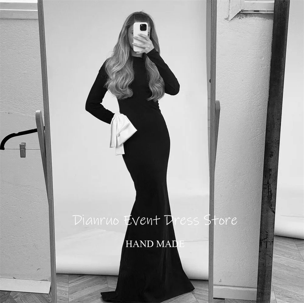 Dianruo Элегантные черные атласные вечерние платья Длинные платья с круглым вырезом Robes De Soirée Русалка с бантом Vestido De Fiesta по индивидуальному заказу