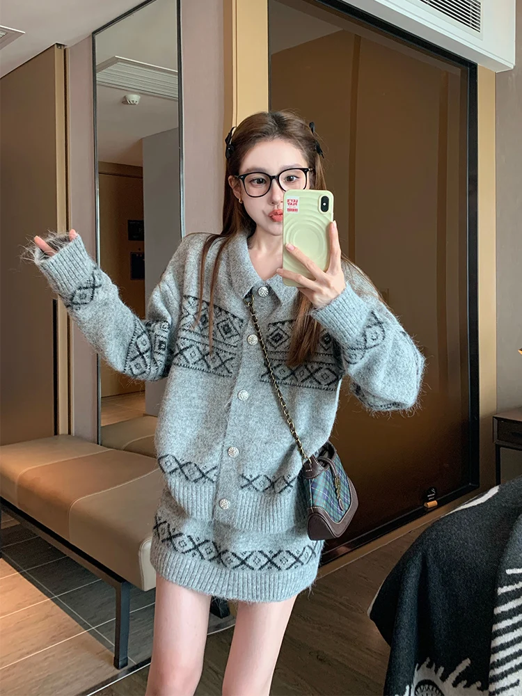 Set maglione jacquard con colletto polo donna 2025 nuovo autunno inverno stile accademico gonna vintage pigra in due pezzi