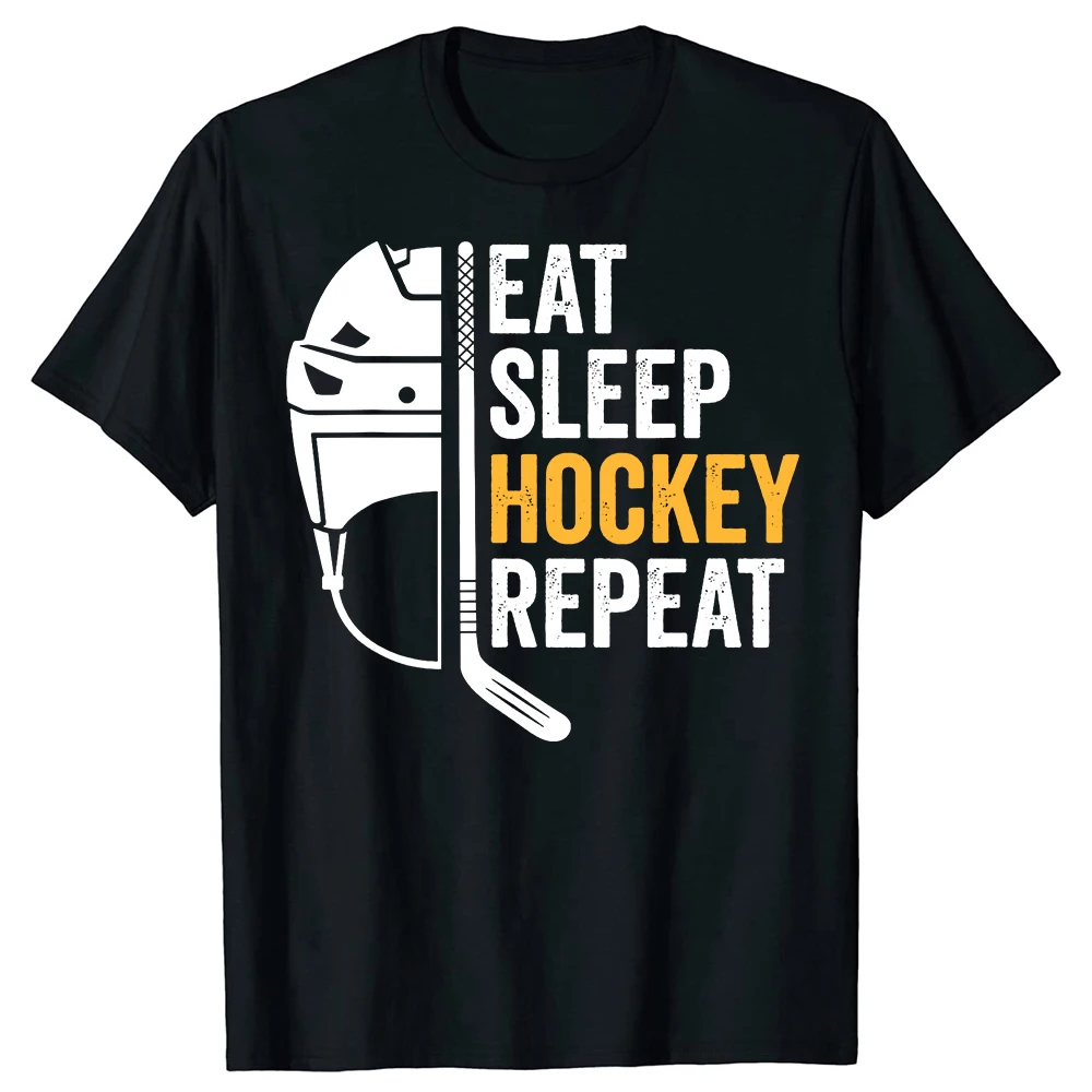 Funny Eat Sleep Hockey Repeat Graphic T-shirts Men Women's Fashion Casual Tshirt 100% Cotton Loose Ice Hockey Retro T Shirt