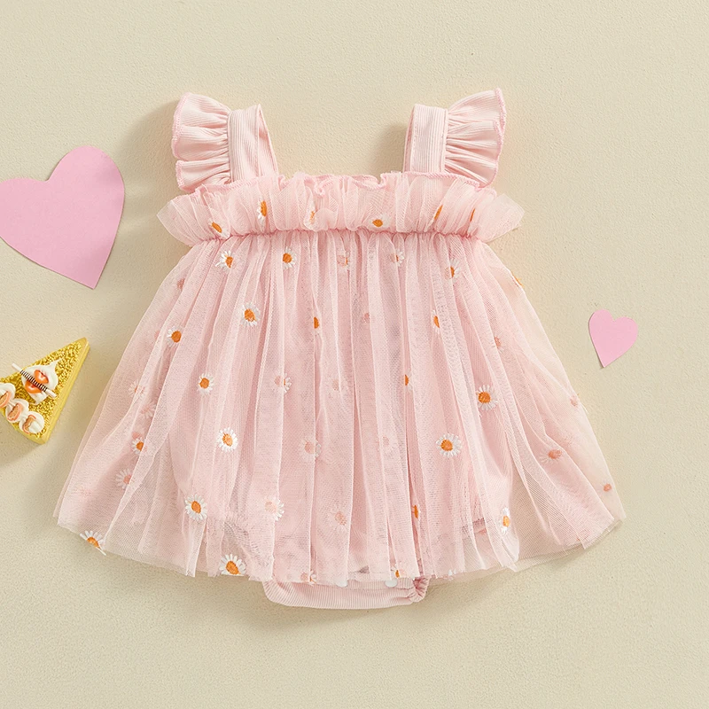 

Baby Girl Cute Daisy Embroidery Mesh Romper Dress Square Neck Fly Sleeve Frill Trim Jumpsuit Infant Toddler Girl Summer Clothes