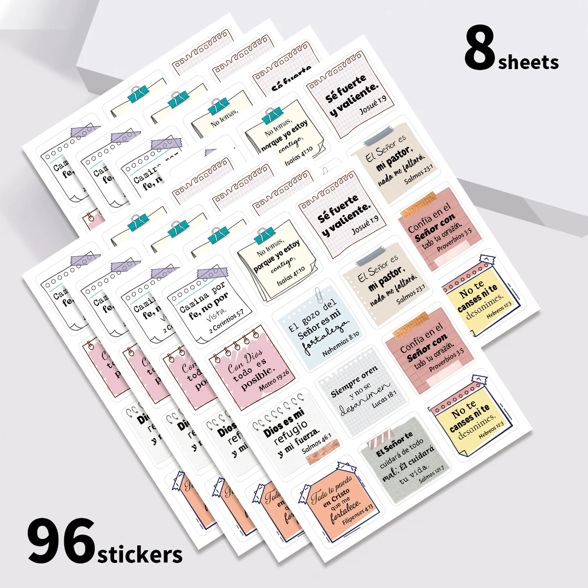 8 feuilles - 96 autocollants inspirants avec versets bibliques en espagnol, autocollants à thème religieux pour la décoration de journal de prière, cadeau pour l'école du dimanche