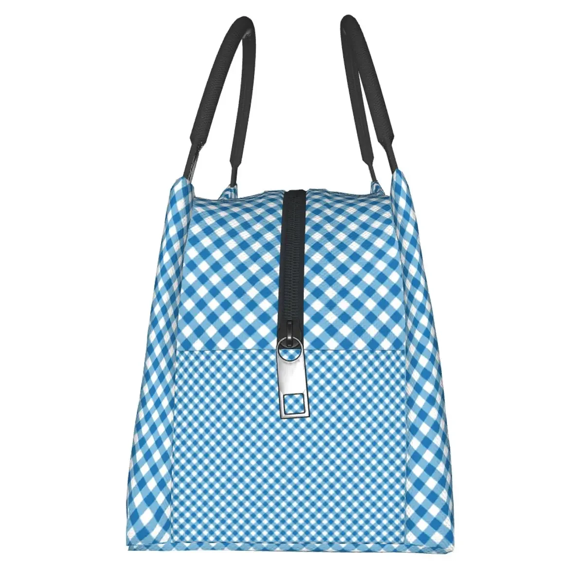 Gingham Print Lunch Bag Blue Check Travel Lunch Box For Unisex Cute Designer Thermal Tote Handbags Oxford Cooler Bag