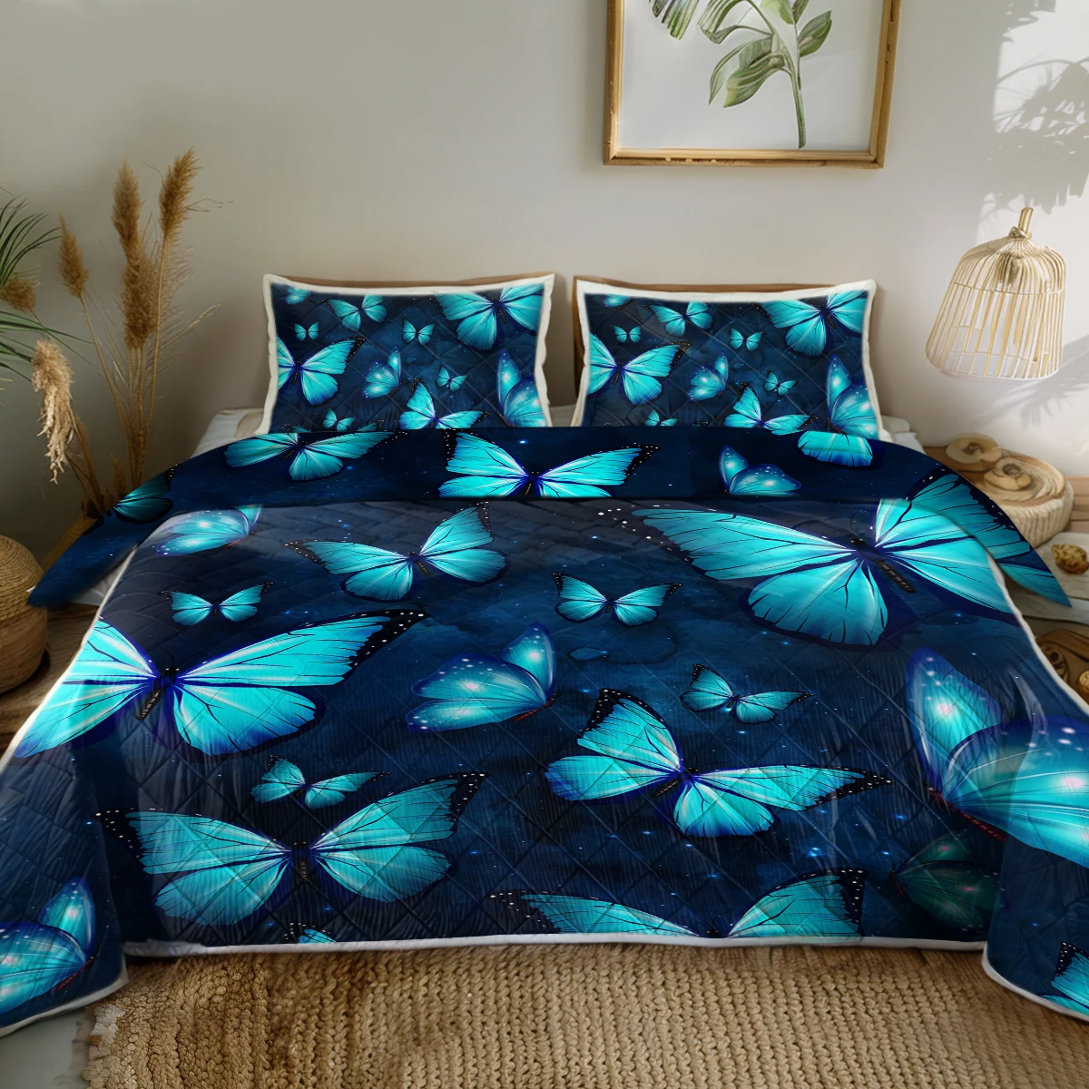 

3PCS Blue Butterflies with Luminous Design Quilt Set Comforter Set With 2 Pillowcases for Kids and Adults Home Decor