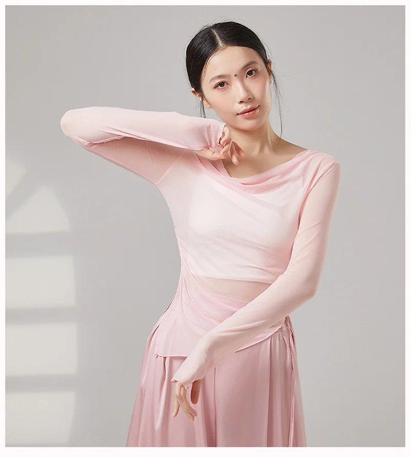 Damen Transparentes Mesh-Tanzoberteil Langarm Atmungsaktive Durchsichtige Enganliegende Bluse Klassisches Modernes Latein-Tanz Übungskostüm – Detail 6