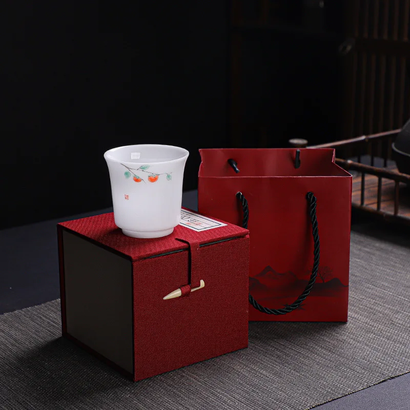 

Dehua high-end ice-like white jade cup, porcelain hand drawn lucky persimmon beauty tea tasting cup gift