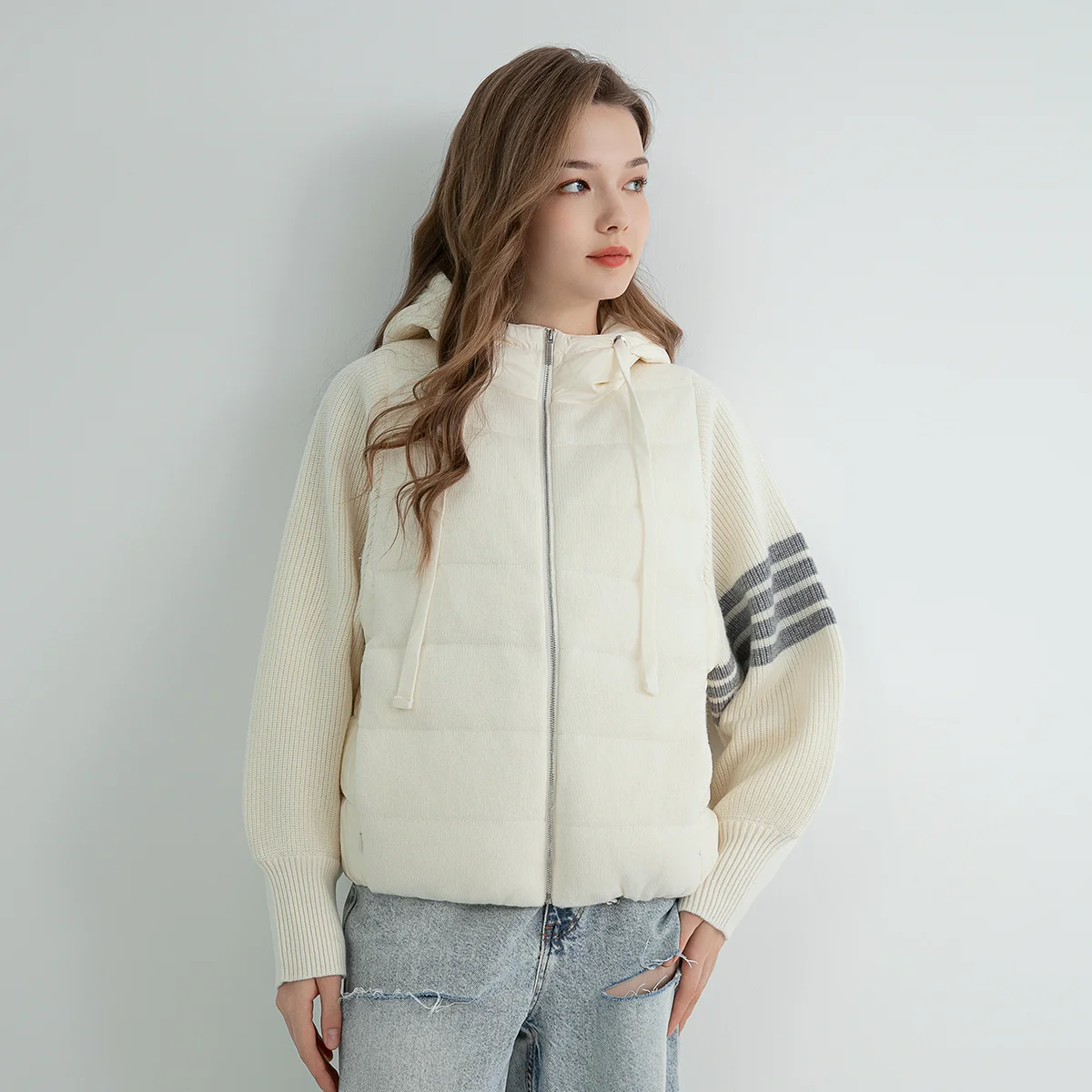 TC624 Hoge kwaliteit luxe dameskleding trendy merk 100% wol patchwork witte ganzendons jas winterjas hoodie