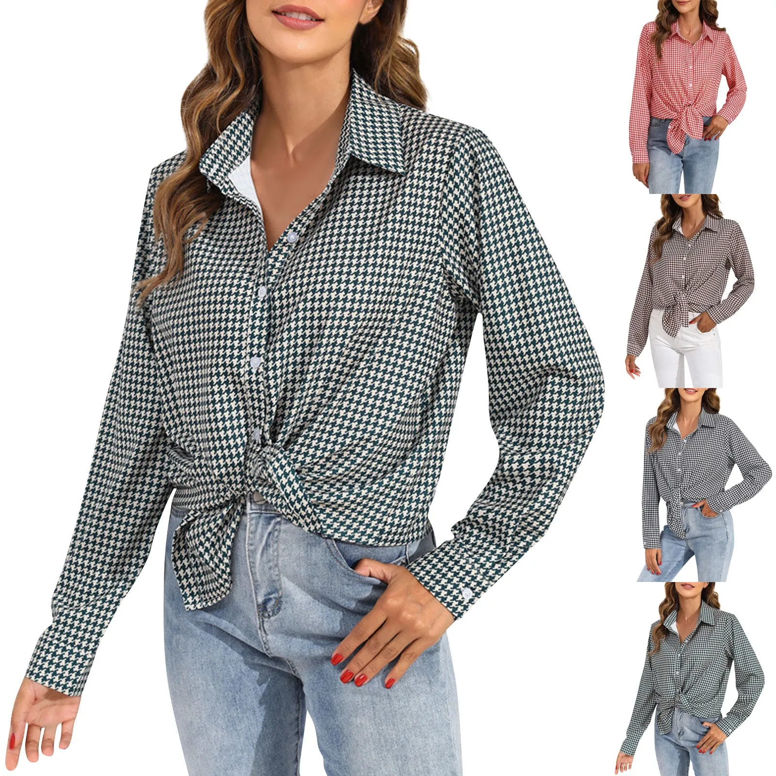 Women'S Houndstooth Print Shirts Autumn New Casual Long Sleeve Lapel Shirts Daily Commute Regular All-Match Blouse Tops