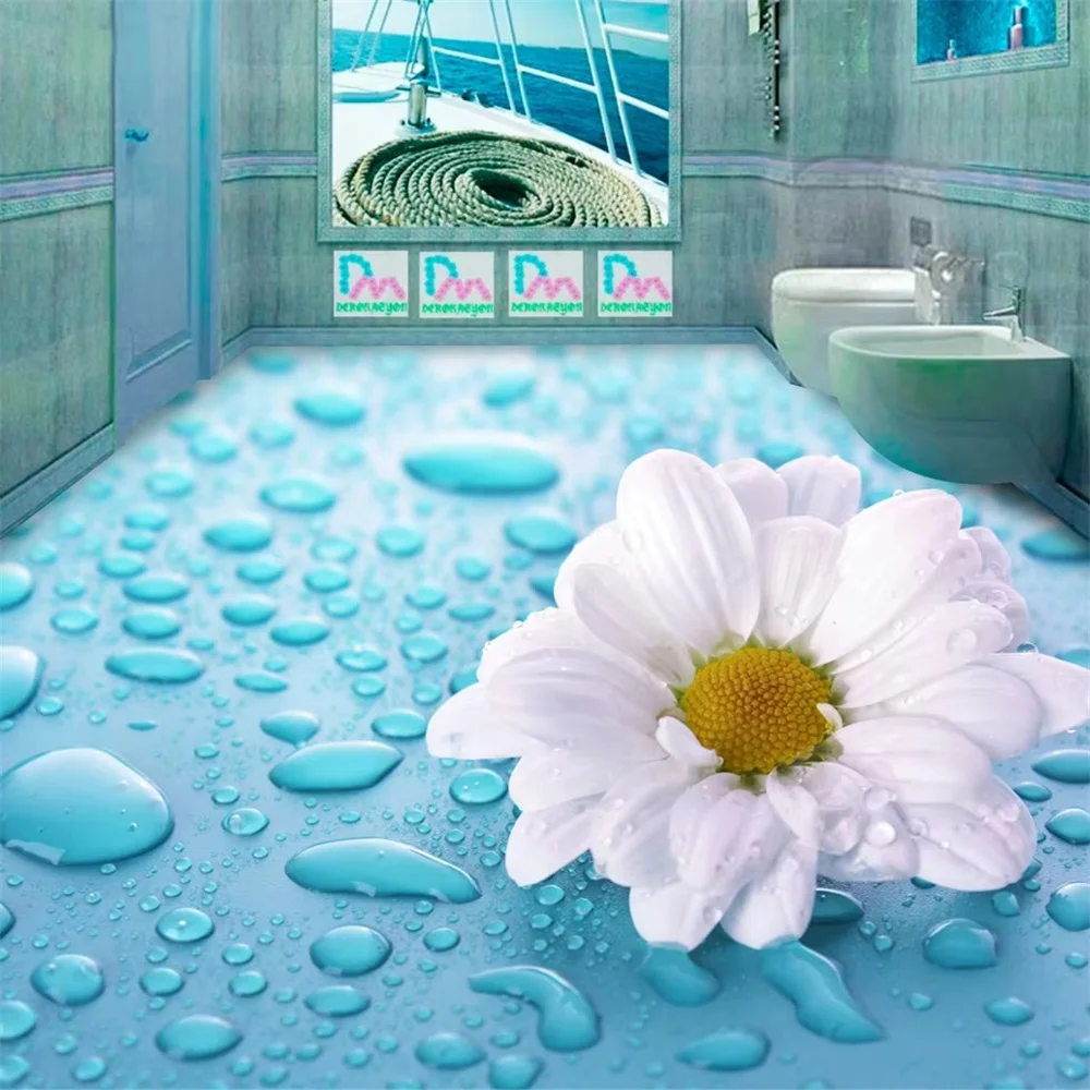 Custom 3D Floor Painting Pink Roses Butterfly Fashion Bedroom PVC Floor Water droplet flower wall papers self-adhesive flooring