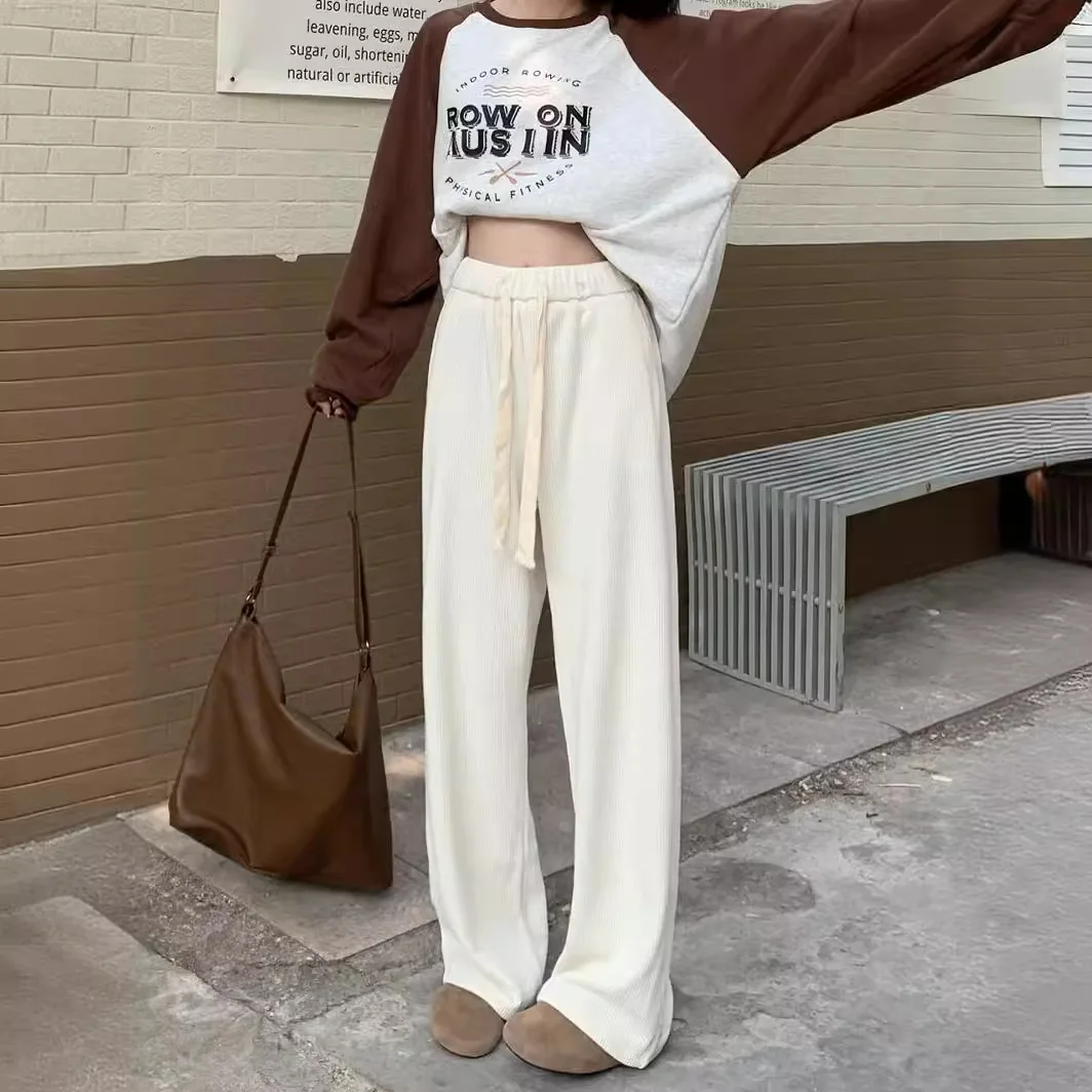 

2024 New White Fashion Casual Pants Women Clothes Autumn Loose Straight Wide Leg Leisure Trousers Drawstring Corduroy Mopping