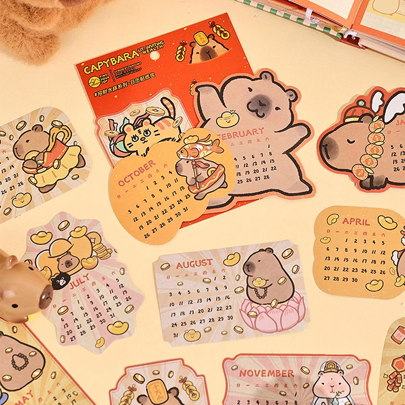 12Sheets Cartoon Heterotypic Capybara Calendar Stickers Hand Account DIY Stickers Cartoon Decorative Stickers Student Stationery