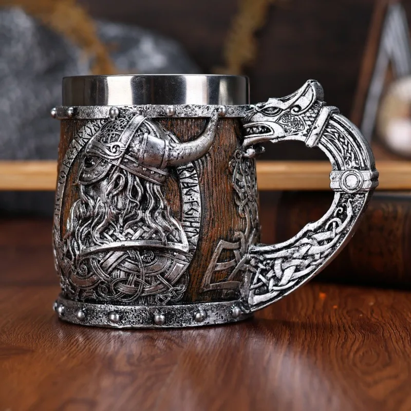 Medieval Vintage Viking Style Barrel Shape Beer Mug 3D Resin Stainless Steel Tankard Creative Drinking Cup Gift Bar Coffee Cup