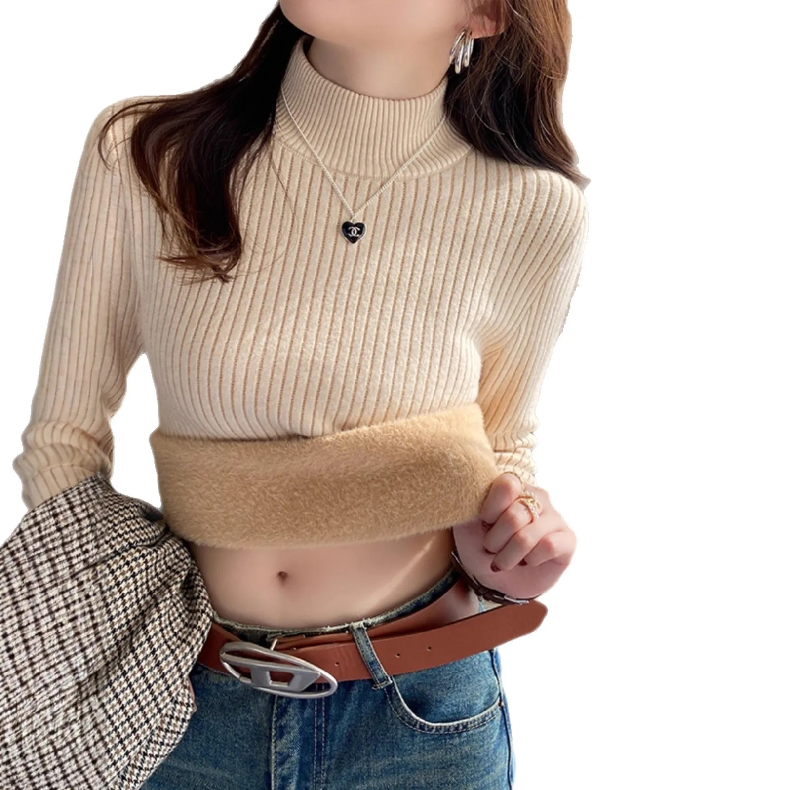 Camisola de gola alta feminina inverno 2025 retro com forro de veludo engrossado desgaste interno tricô térmico camisa de fundo pullovers