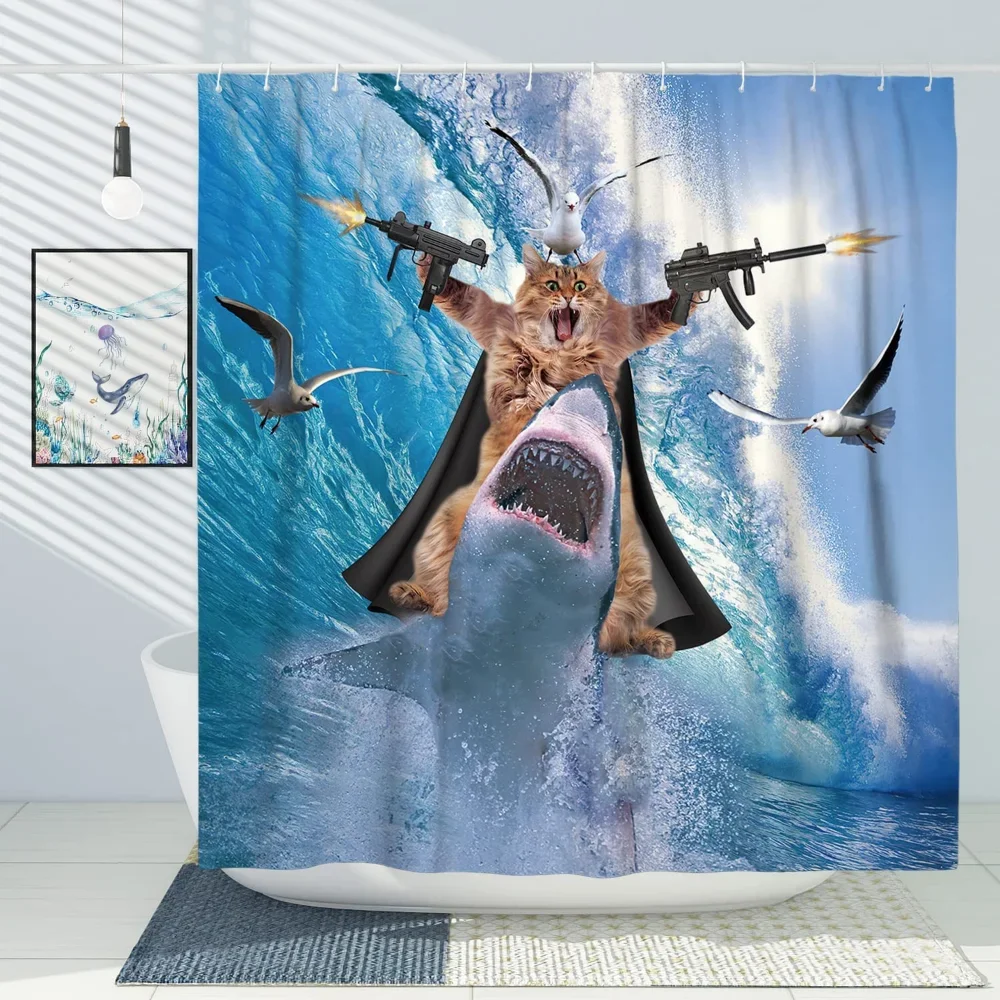 Funny Cat Shower Curtain Cool Cat Riding Shark Seagull On Ocean Sea Blue Waves Kids Creative Design Bathroom Curtain Polyester view 4