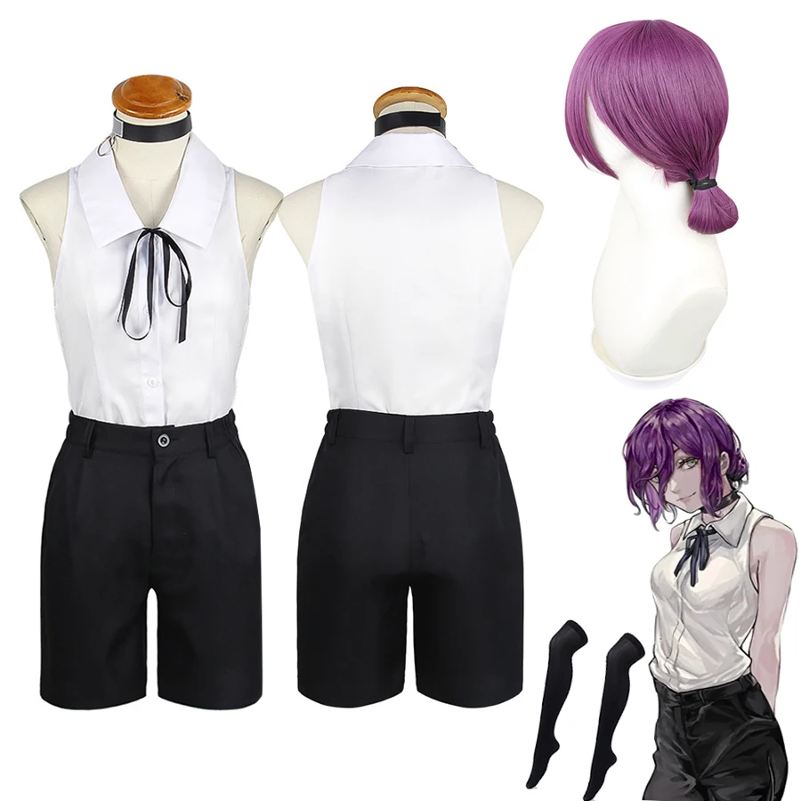 

Anime Cosplay Chainsaw Man Reze Cosplay Costume Bomb White Shirt Shorts Tie Neck Ring Purple Wig Women Uniform Halloween Suit