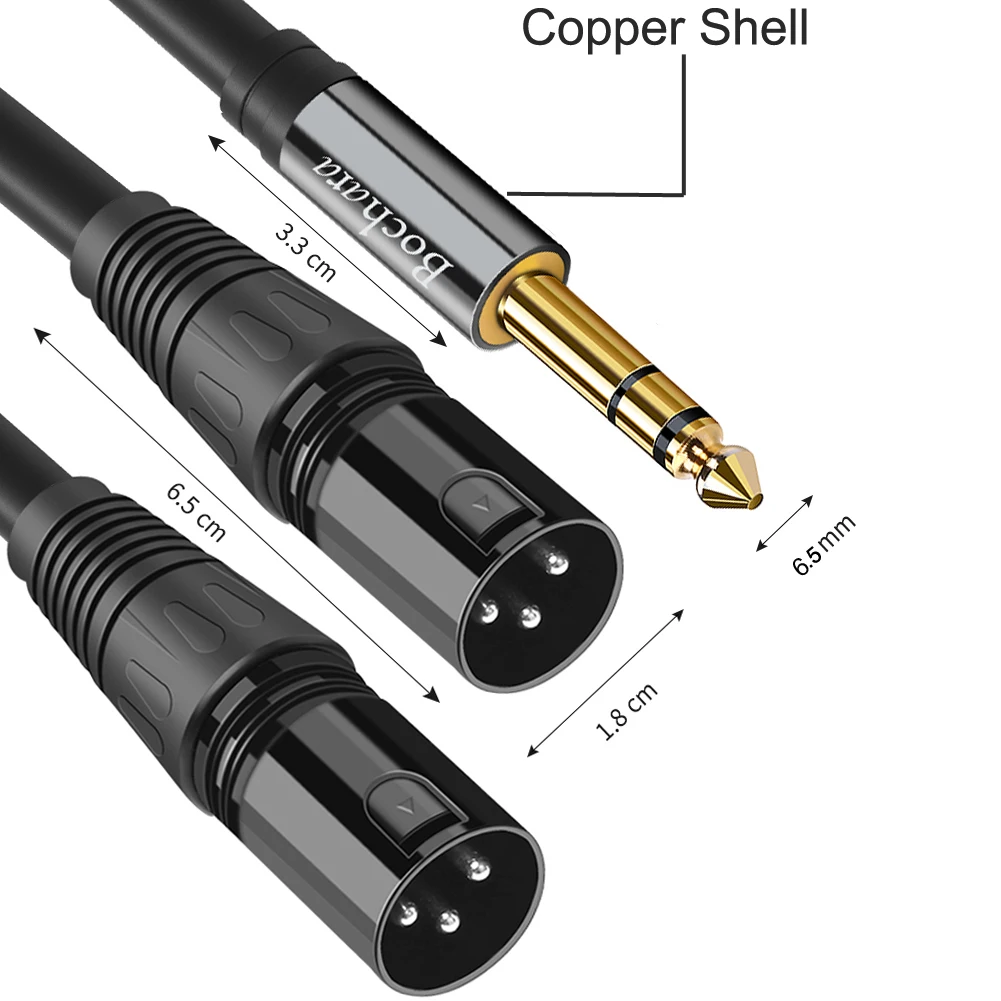 Bochara Gold Plated 1/4\'\' TRS 6.35mm Stereo Jack to Dual XLR Male OFC Audio Cable Foil+Braided Shielded For Speakers