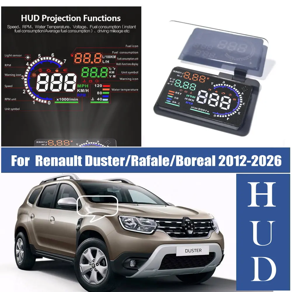 Car HUD Head Up Display LED Windshield Projection For Renault Duster HS 2012-2026 Rafale JFR 2024-2026 Boreal 2025-2026
