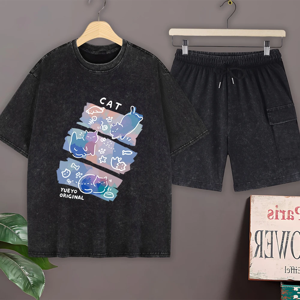 

Красочный комплект из трех футболок и шорт: модные хлопковые футболки оверсайз с эффектом потертости для мужчин, летние топы с коротким рукавом и круглым вырезом, шорты карго