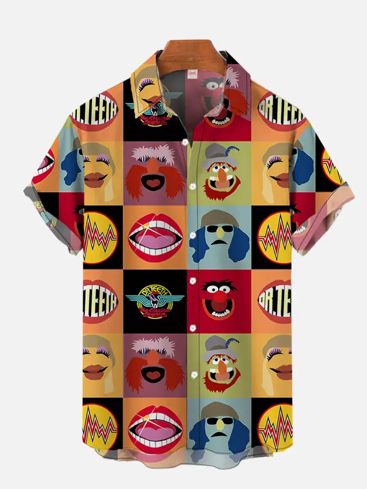 Cartoon Animated Characters Summer Classic Style Patchwork Retro Hawaii Shirt Colorful Geometric Color Print Short Floral Blouse