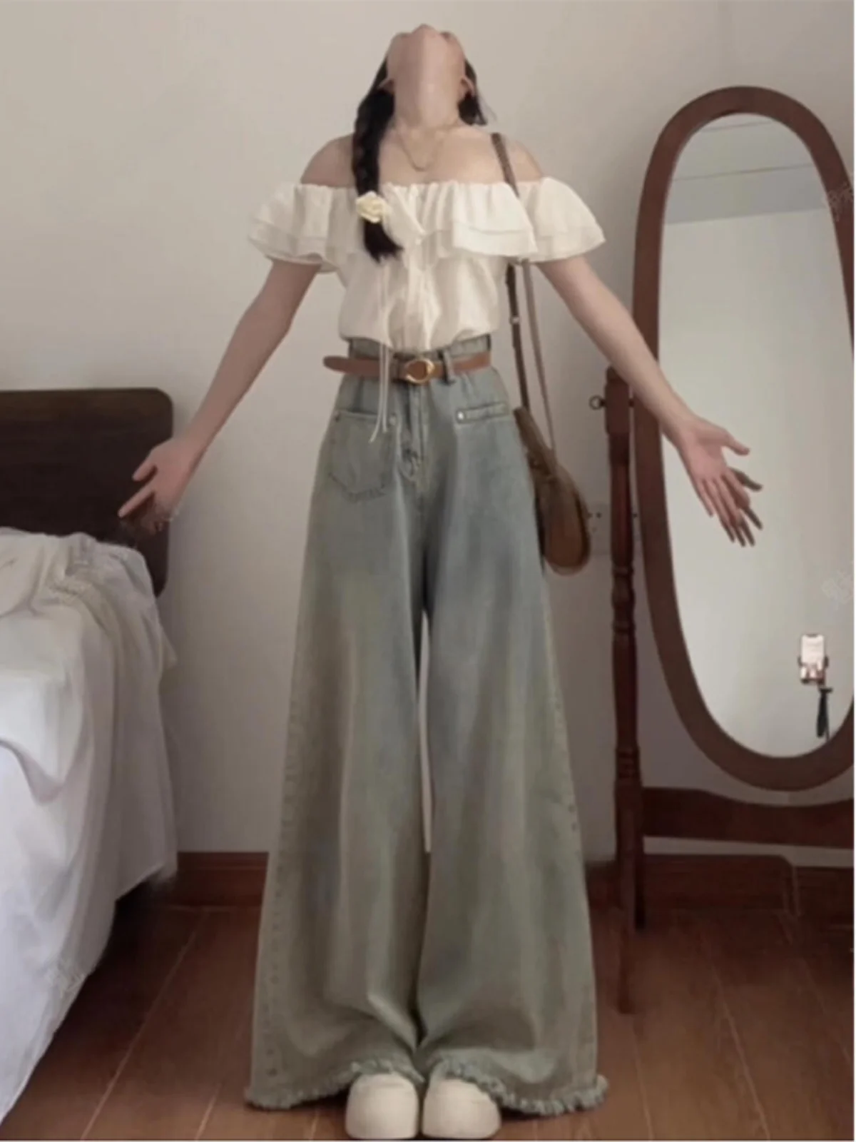 

Sweet Pure Desire Spicy Girl One Shoulder Women's Summer Shirt with Ruffle Slimming Waist Design Sensation Fitted Shirt