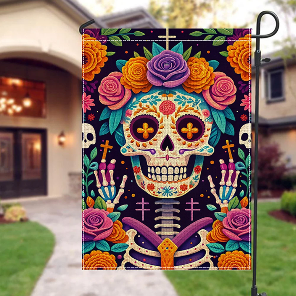 2PCS Halloween Horror Garden Flag Colorful Plaid Print Outdoor Courtyard Decoration Flag Cute Ghost Skeleton All Souls' Day Flag