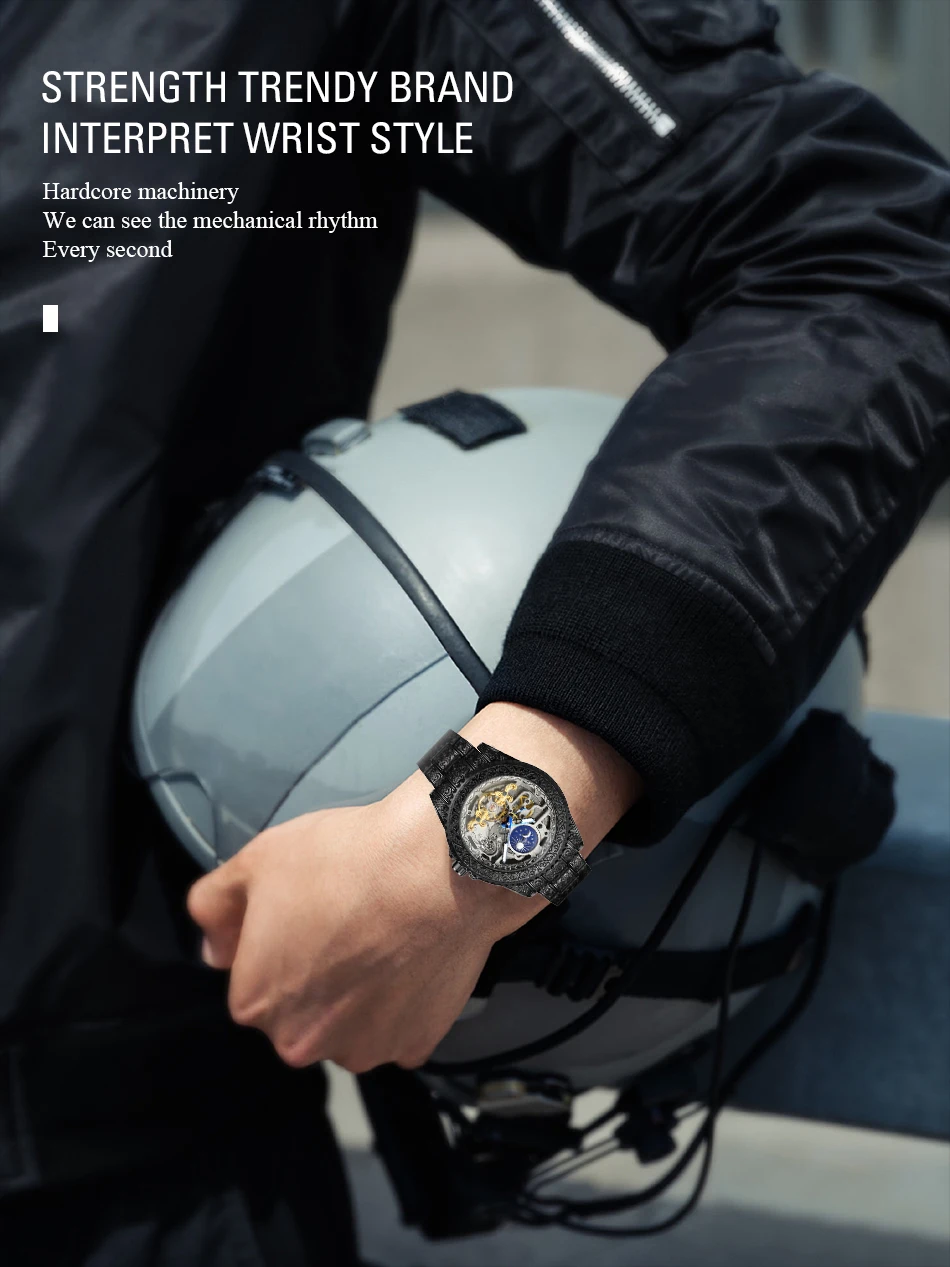 FORSINING Vintage Carving Mens Watch Automatic Skeleton Mechanical Luminous Luxury Stainless Steel Fashion Moon Phase Wristwatch