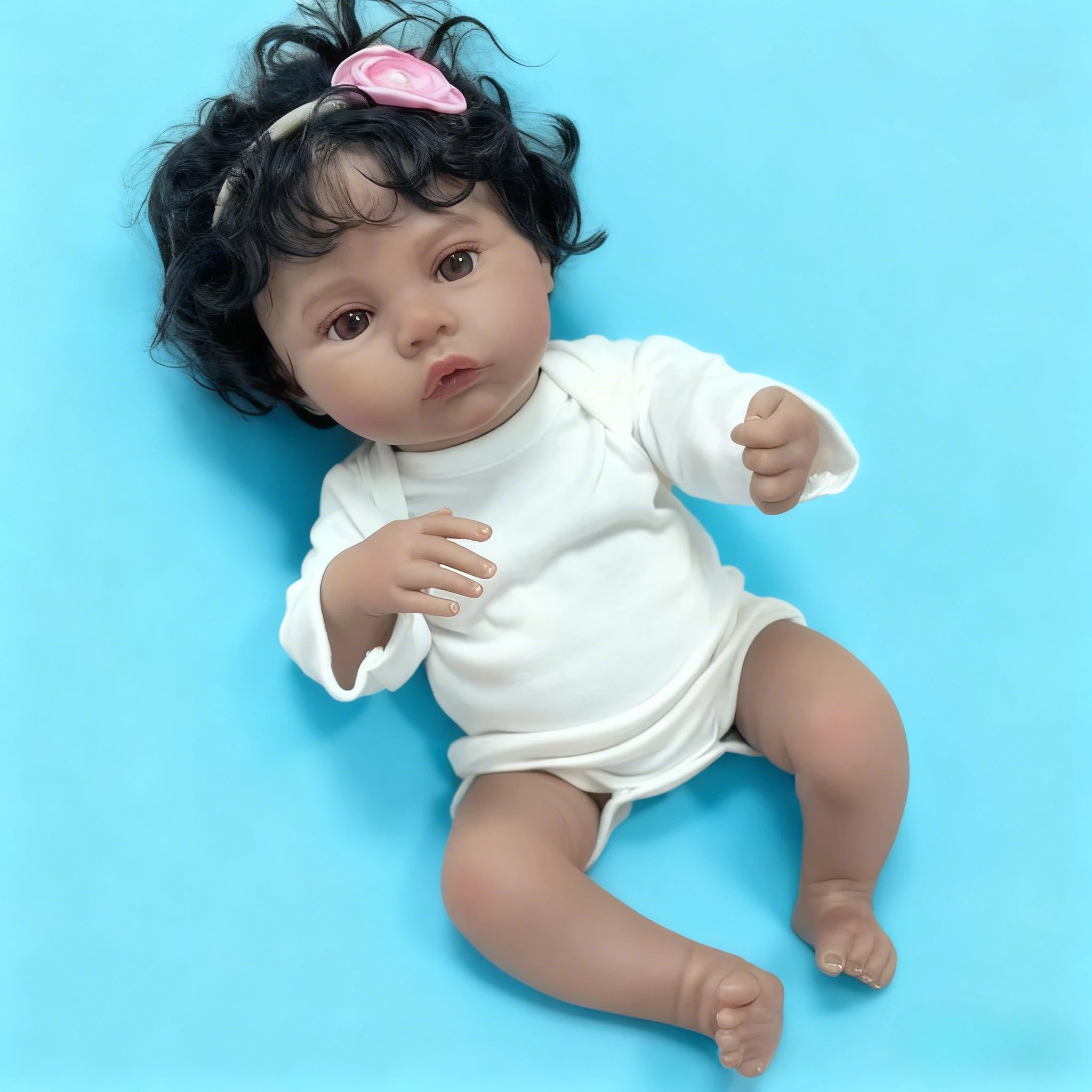 

48cm Reborn Baby Doll Meadow - Rooted Hair, Hand-Painted Details, Dark Skin with Visible Veins (Lifelike Newborn Doll)