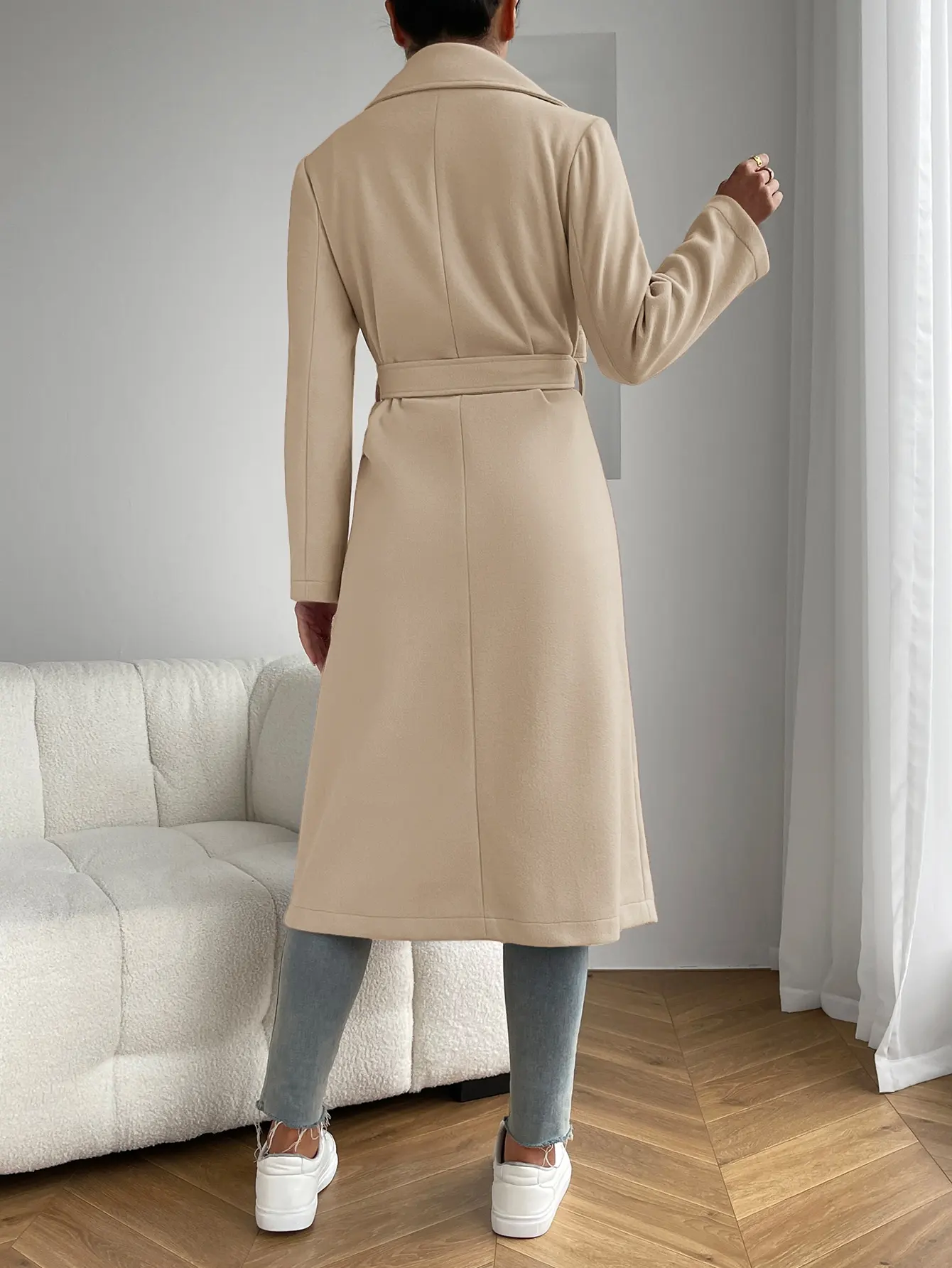 Manteau ceinturé à double poche pour femme, col à revers abricot, mode indépendante, automne, hiver